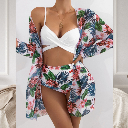 Женская Wrap Top бикини высокой талией нижней купальный костюм с кимоно кардиган